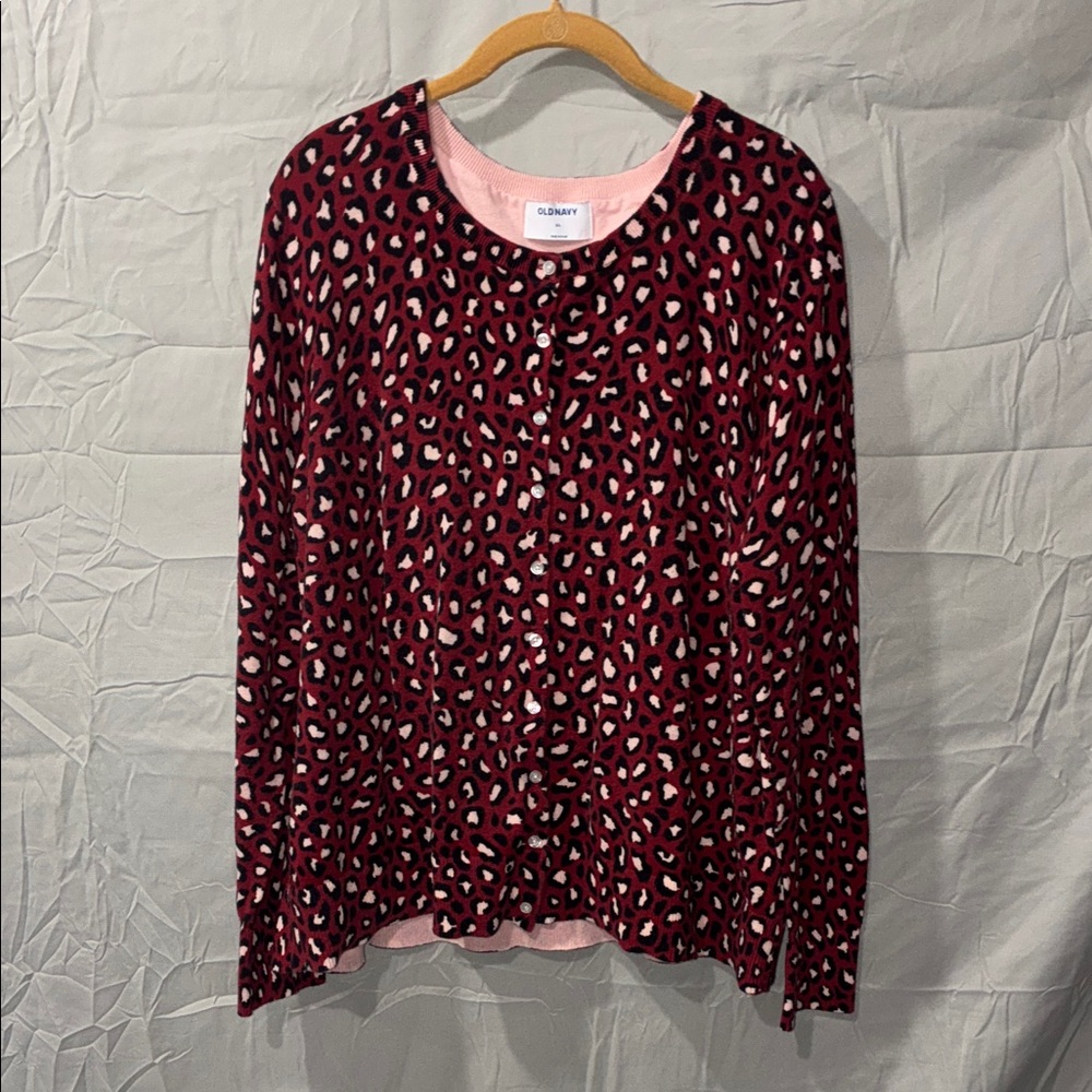 Old Navy Red and Pink Animal Print Long Sleeve Cardigan
